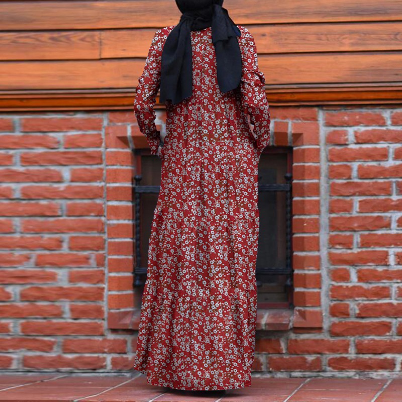 ZANZEA Women Full Sleeve Vintage Back Zipper Printed Muslim Long Dress #6
