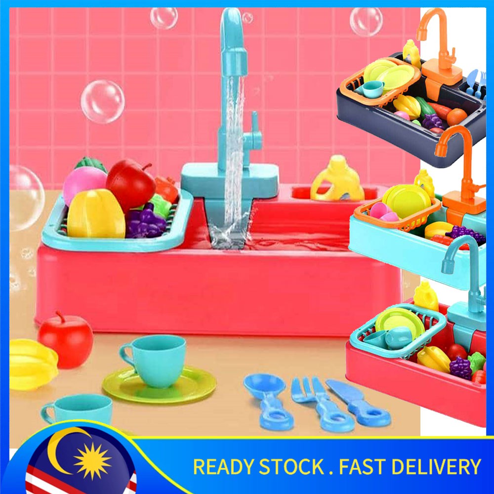 READY STOCK 🔥 HIHILAH KIS-7 Kids Kitchen Toys Simulation Electric Dishwasher Mini Kitchen Food Educational Play Game1