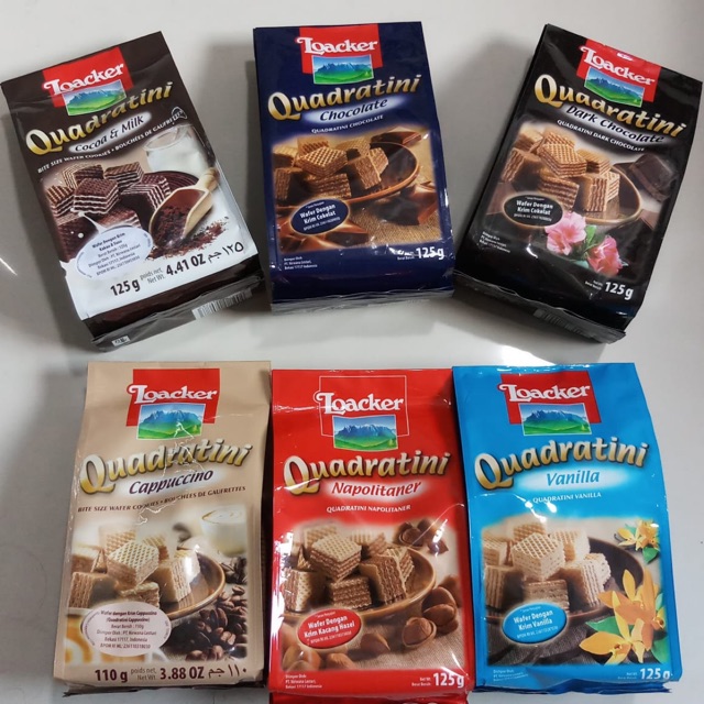 Lakoker Loacker Wafer Quadratini 125 gr Vanilla Hazelnut Dark chocolate Cappuccino Milk Cacao Ready Loacker