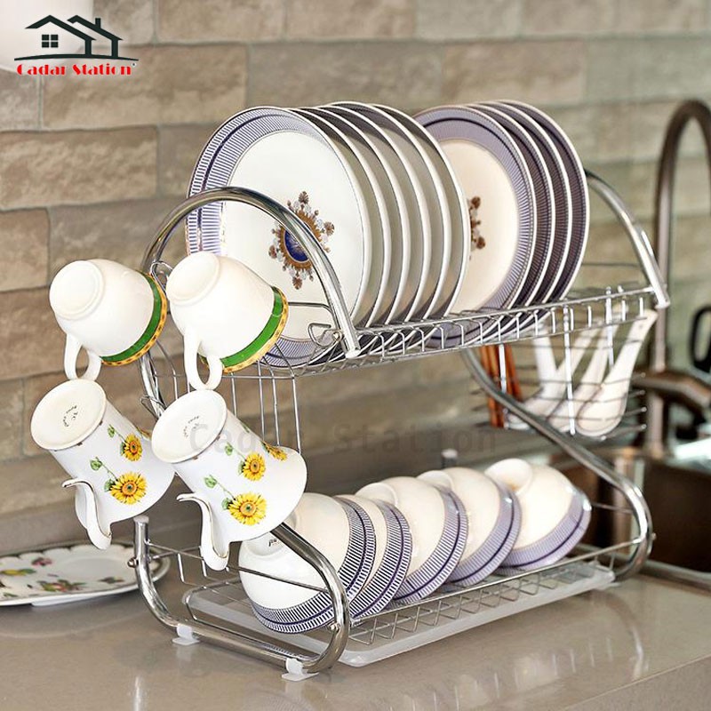 EXTRA LARGE Rak Pinggan Stainless Steel 2 Layer S Shape Dish Rack Set