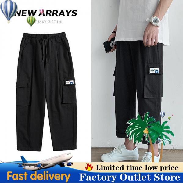 Trouser male Korean version of the trend of relaxed straight leg casual  joker nine division of labor pants Hong Kong style Ins Hipster fashion  brand 9 minutes trousers裤子男韩版潮流宽松直筒休闲百搭九分工装裤港风ins痞帅潮牌9分裤|