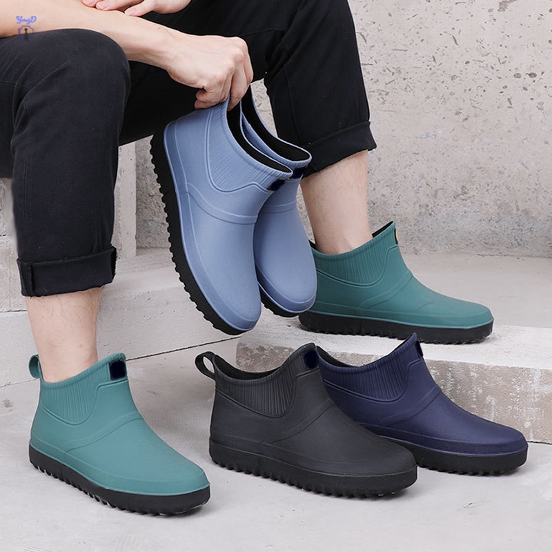 YI Men Rubber Rain Shoes Slip On Waterproof Low-Heel Tube PVC Rain ...
