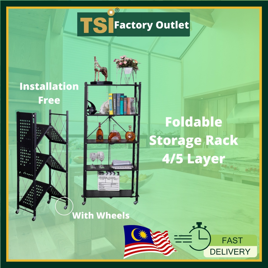 TSI Foldable Storage Rack Rak Besi Dapur Barang Kabinet Roda Serbaguna Lipat Kitchen Rack Multipurpose Organizer