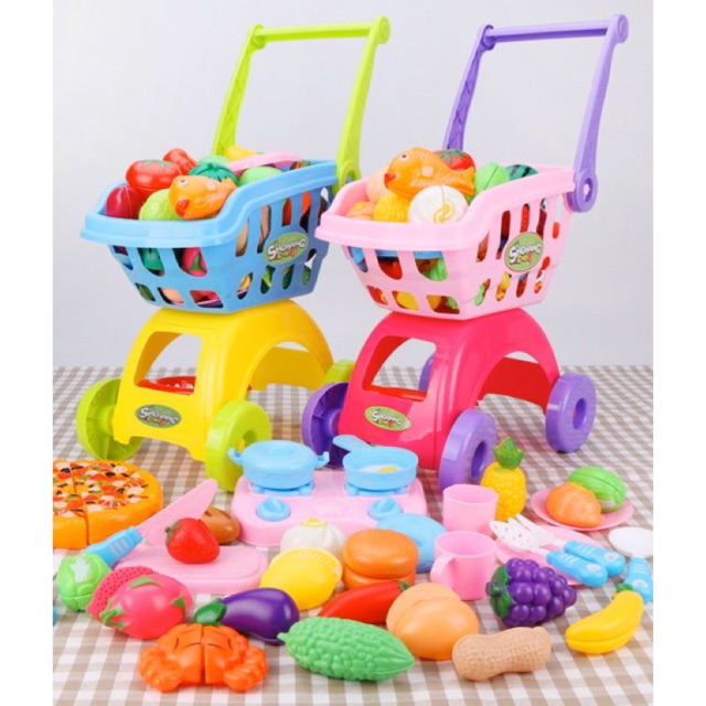 25pcs cut fruit 1Set Kids Simulation Supermarket Shopping Cart Mini Trolley With Fruit Vegetable cut fruit toys