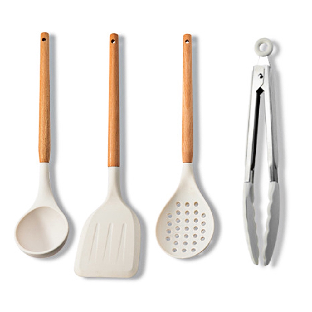 White Silicone Kitchenware Cooking Tool Utensils Set with Wooden Multifunction Handle Non-Stick Spatula Ladle Beaters