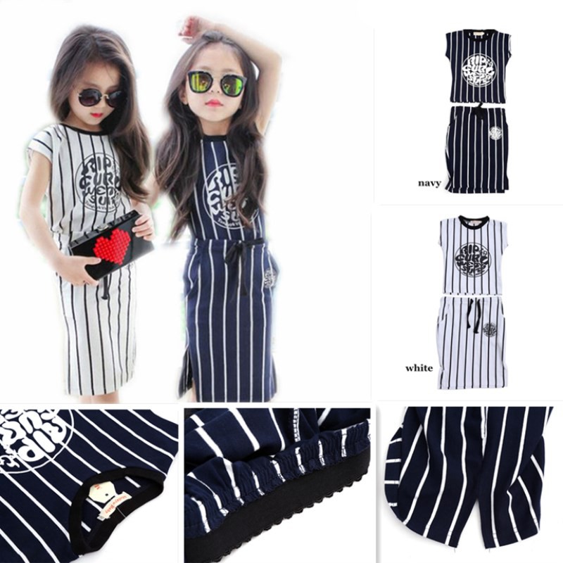 MALAYU BABY Summer Pakaian Kanak-Kanak Girls Clothing Set Fashion Teenage Cotton Stripe Letter Printing Sleeveless Top/Bag Buttocks Skirt 2 Pcs Outfits 2-10 Years