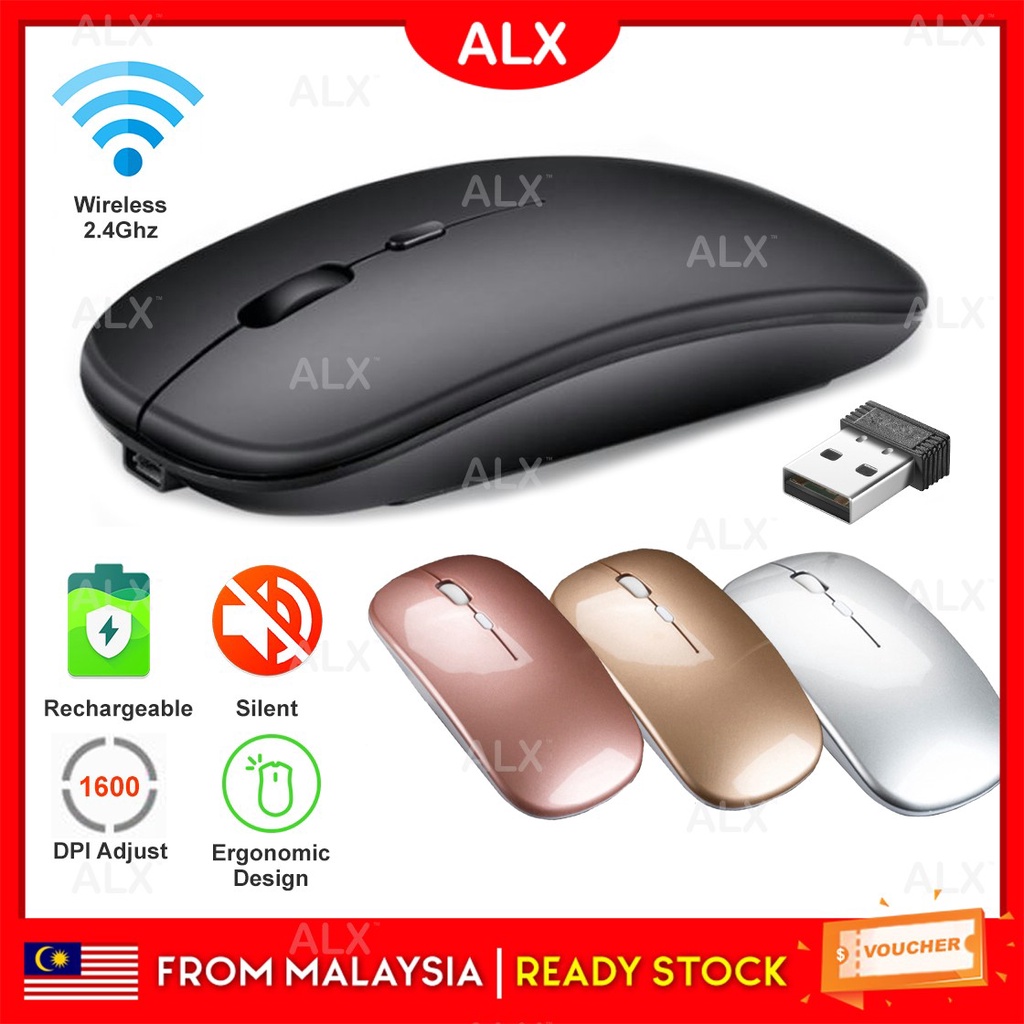 ALX Rechargeable Silent Wireless Mouse 2.4Ghz USB Receiver Dongle Office Gaming Mouse
