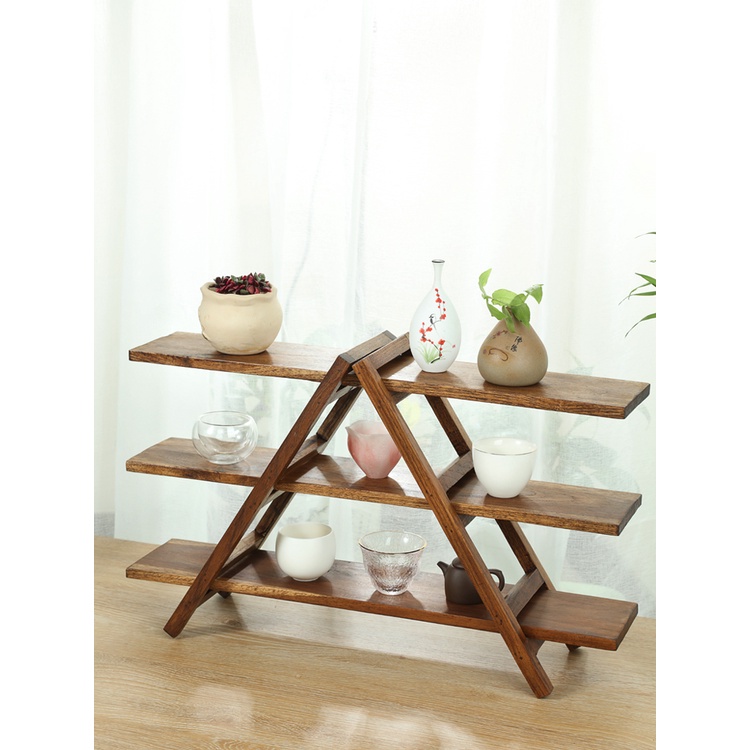 Teak 3-Tier Bookshelf Storage Rack Bookcase Ladder Rack Home Office X-Shaped Potted Plant or Flower Stand Display Stand