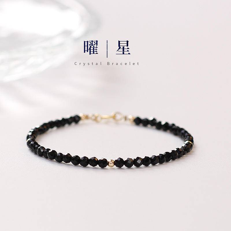 Ultra-Fine Style Black Sharp Crystal Bracelet Ward Off Evil Safety Natural Beaded Simple Unique Semi-Gemstone Fashionable All-Match Brace