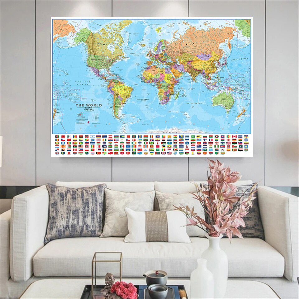 5*3 Feet The World Political Map With National Flags Cultural Poster ...