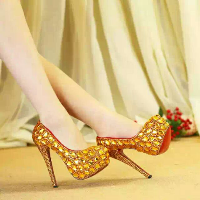 Yellow Gold Bridal Bride Wedding Shoes Shopee Malaysia