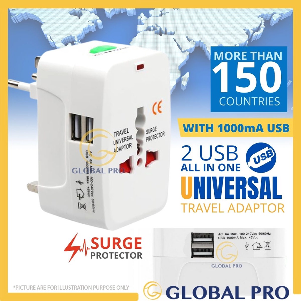  2USB Multi-Purpose Global Universal Travel Adapter Plug Double USB Port AC Power Adaptor with AU/US/UK/EU Plug Socket