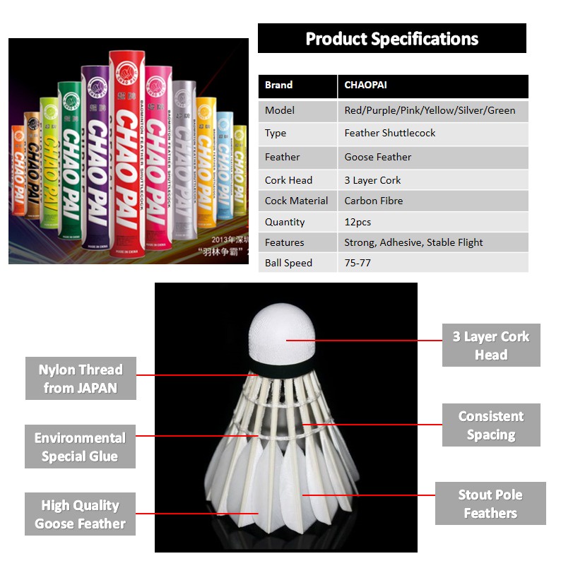 Grade C Feather Badminton Shuttlecocks - Speed 78 Chao Pai/Chaopai Purple 