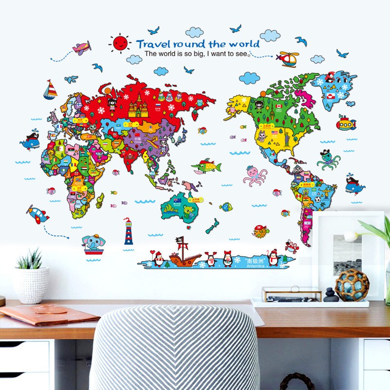 Colorful Animal World Map Wall Stickers Diy Wall Decor For Kids Study Room Shopee Malaysia