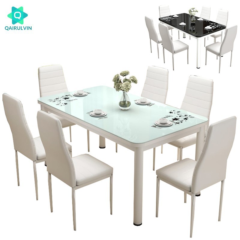 JADEN Simple Modern Rectangle Tempered Glass Top Dining Table Set With
