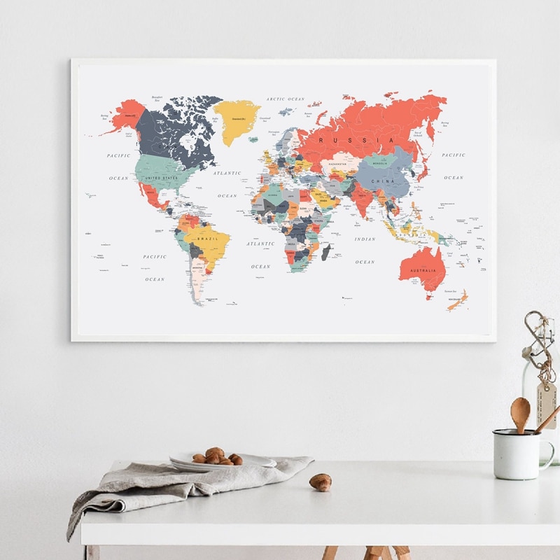 World Map Colour In Canvas World Map Poster Print Happy Colors Wall Art Canvas Painting Coral Blue  Yellow Teal Pink Wall Picture For Living Room Home Decor | Shopee Malaysia