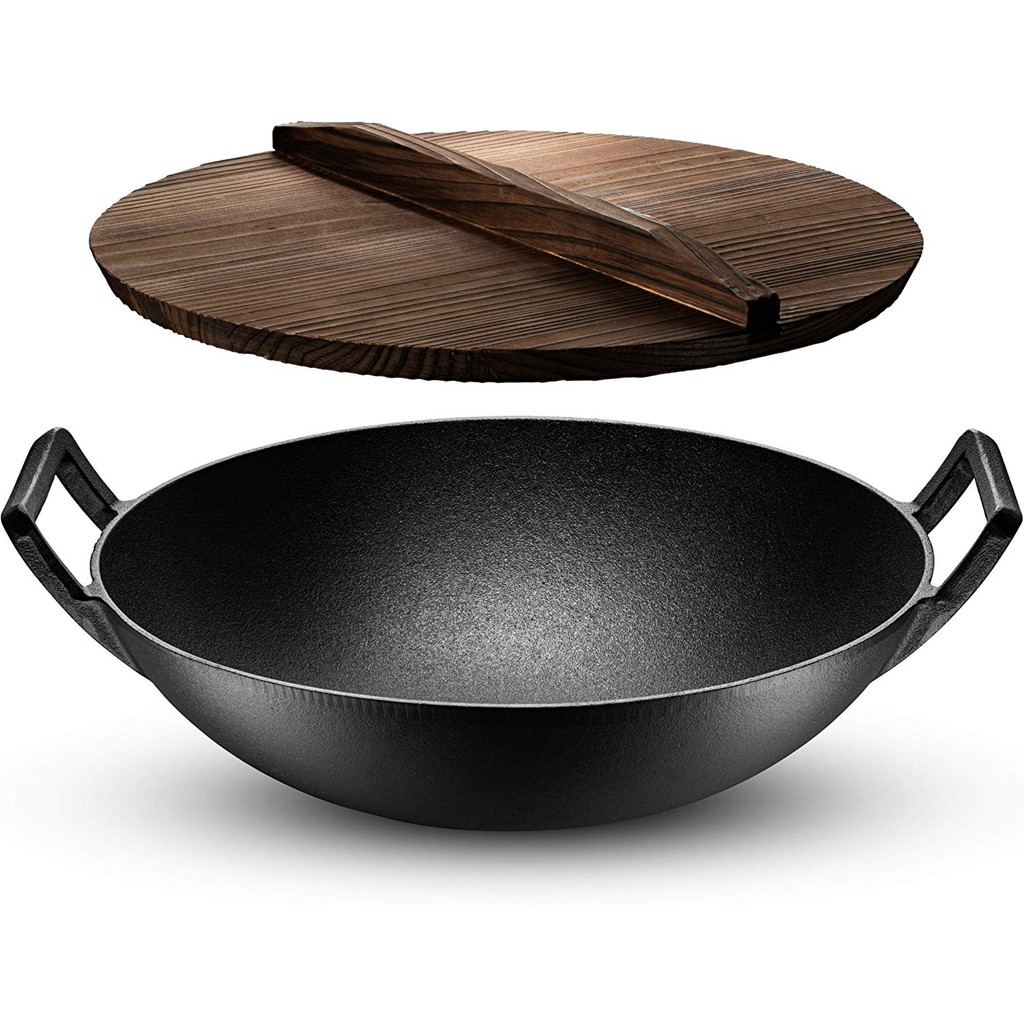 Klee PreSeasoned Cast Iron Wok with 2 Handles and Wooden Wok Lid, 14
