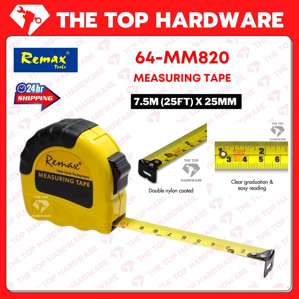 ORIGINAL REMAX 7.5m/25FTx25mm PROFESSIONAL MEASURING TAPE NYLON COATED 7.5 METER 25 FT PITA PENGUKUR UKURAN 64--MM820