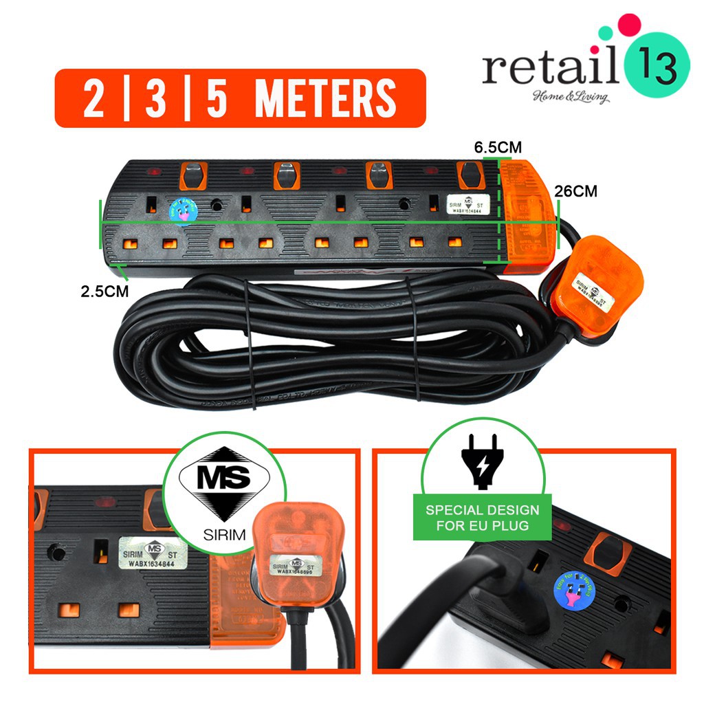 cable management*extension plug 13AMP Sirim Approved 4 Way Extension