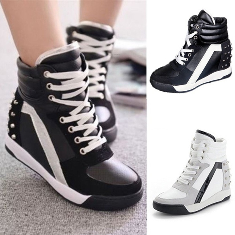 Women Sneakers Sports Comfort Rivet Hidden Wedge Heel High Top Shoes Women Denim Canvas High Heels Sneakers Trainers High Top Ankle Wedge Sneaker Rivet Sneakers (UK 5 (EU 38))