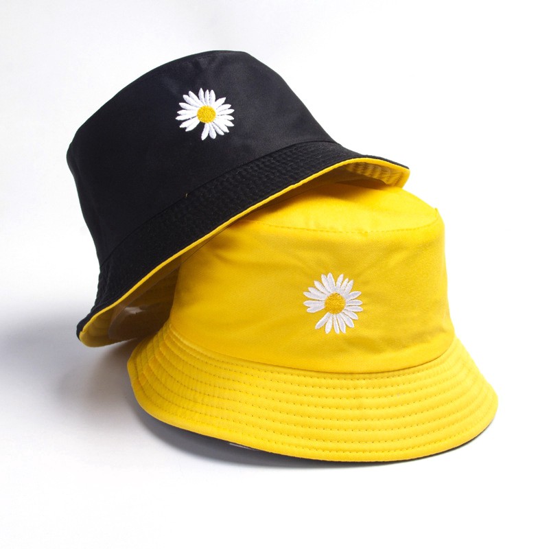 Unisex Outdoor  Fisherman Hat Sun Cap Daisy Double-sided Embroidery Bucket Hat 