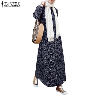Image of ZANZEA Women Elastic Cuffs Casual Dot Printing Muslim Maxi Dress