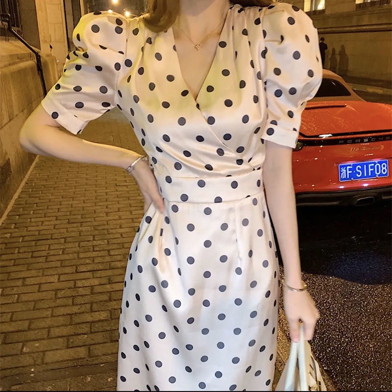French Retro Temperament Goddess Van Polka Dot Long Skirt 2022 Summer New Style Women's Waist-Waisted Slimmer Look Puff Sleeve Jumpsuit