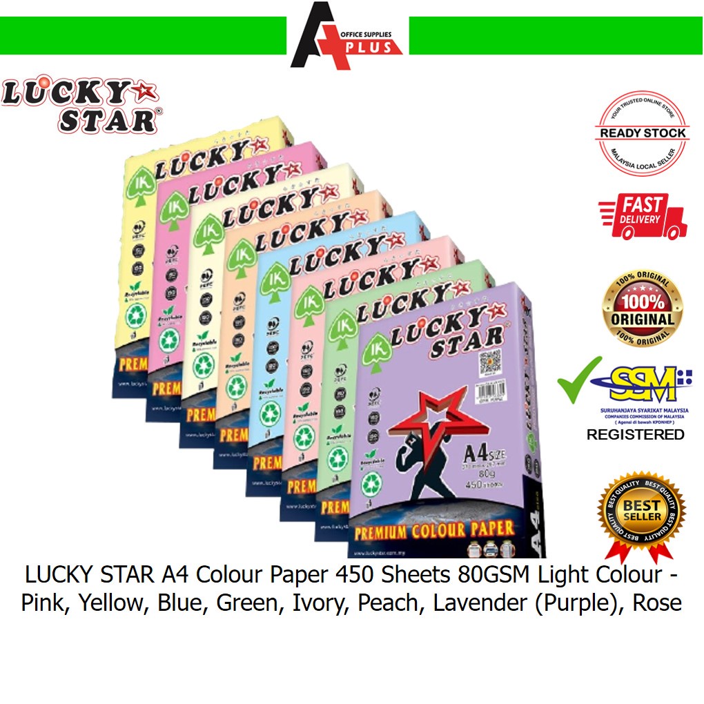 LUCKY STAR A4 Colour Paper 450 Sheets 80GSM Light Colour / Kertas A4