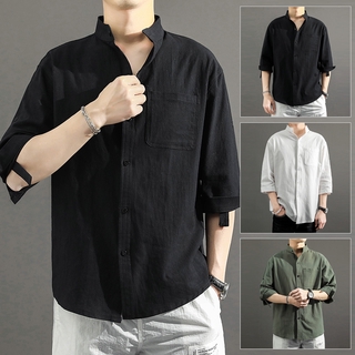 🔥READY STOCK🔥 Linen Shirt Men's Short Sleeve Shirt Cotton Hemp Seven Point Loose Large Stand Collar Korean Fashion Shirt