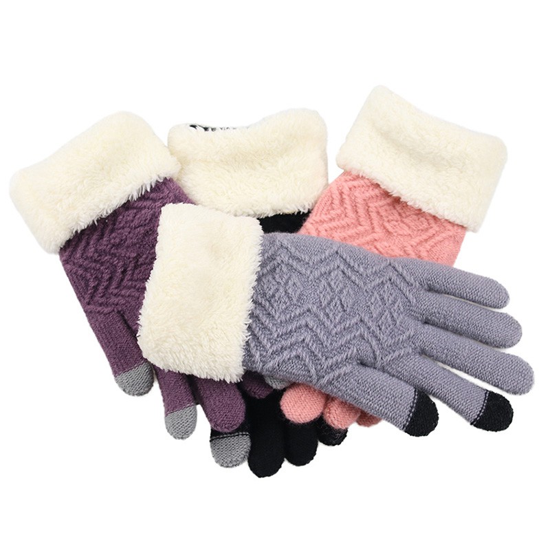 Winter Thicken Warmer Women Gloves Knitted Wool Plush Full Finger Mittens 