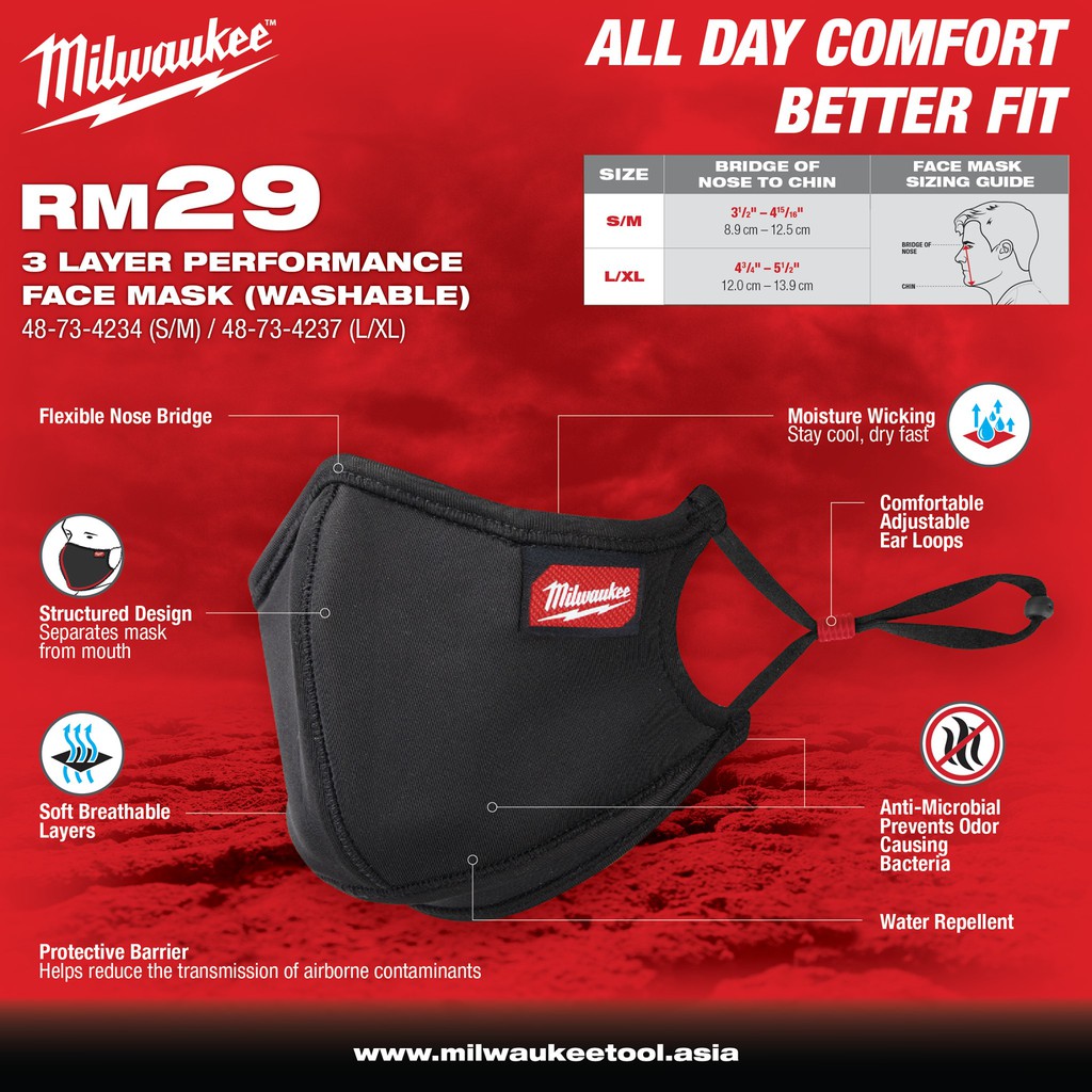 Milwaukee 3Layer Performance Face Mask 48734237 3 ply reusable face