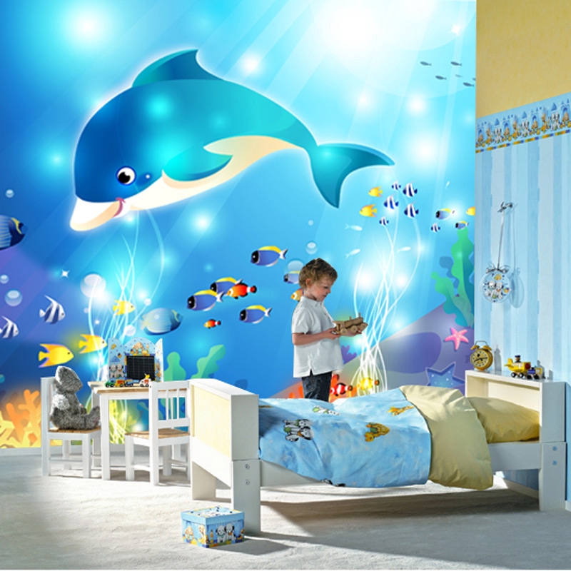 Cartoon Underwater World Dolphin 3d Wallpaper Kids Room Living Room 3d Mural Shopee Malaysia