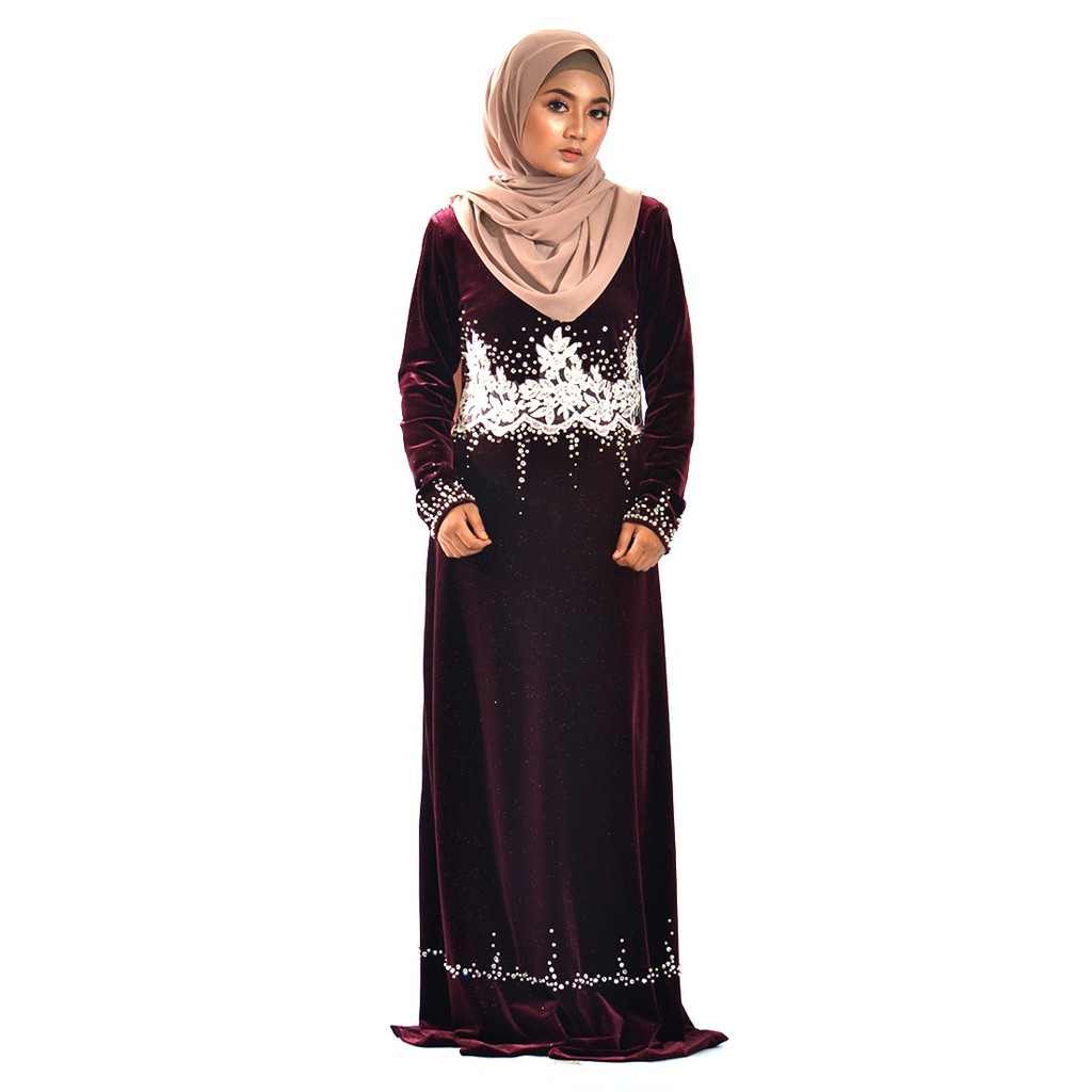 Sweetheart Velvet Muslim Plain Jubah Dress Long Sleeve with Lace / Jubah Baldu / Bergetah