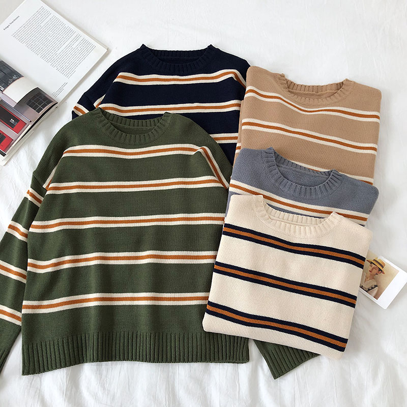 Stripe Sweaters Women Loose Oversize Korean Style Pullover Top Autumn Winter Long Sleeve Knitted Sweater Femme 2023