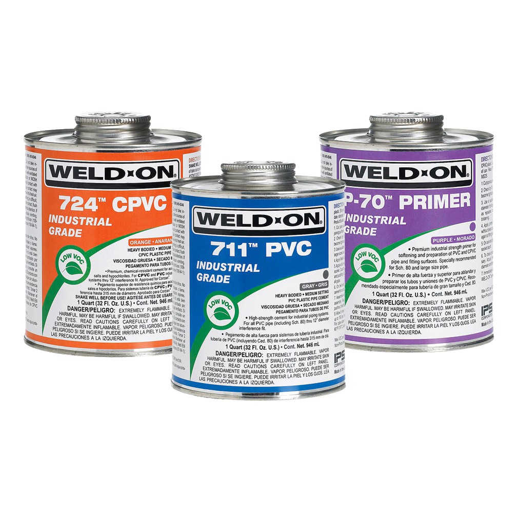 WeldOn solvent cements, cleaners and primers for PVC and CPVC piping