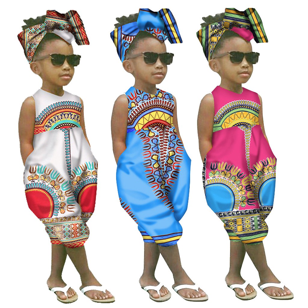 veyikdg Toddler Kid Sleeveless Romper Hair Band Jumpsuit Clothes Baby Girl African Print Cotton Blend Beach 