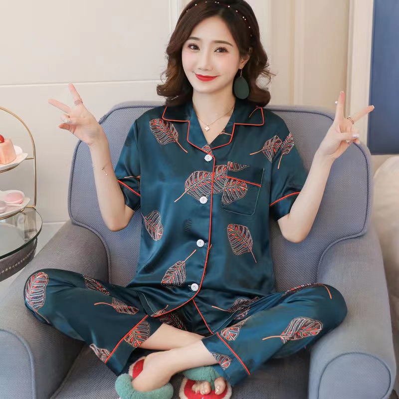 Baju Tidur Satin Short sleeve Set Sleepwear pyjamas Loose pajamas home service sleeping clothes Comfortable loungewear Nightwear