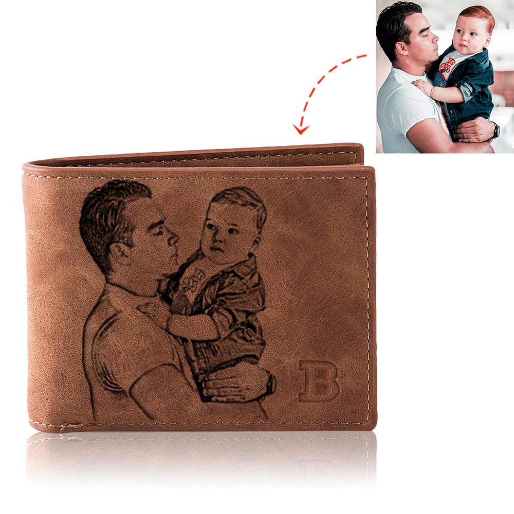 Photo Wallet Men Retro Customize Multifunction Short Pu Leather Bifold Customized Picture Carving Text Purse Fathers Day Gift