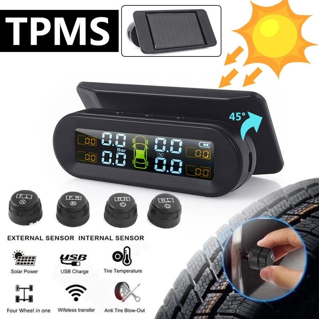 Solar Power Wireless TPMS Car Tire Pressure Monitoring System with Temperature and Pressure LCD Display Auto Alarm Real-Time Monitoring Spurtar TPMS Tyre Pressure Monitoring System 