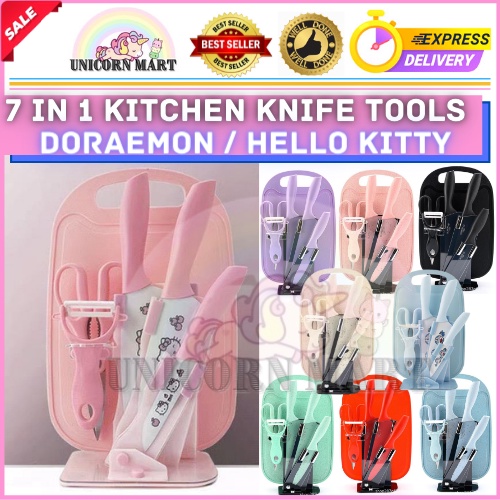 ReadyStock~7 IN 1 Stainless Steel Kitchen Knife Scissor Peeler Cutlery Culinary Tools Set Alatan Dapur Utensil