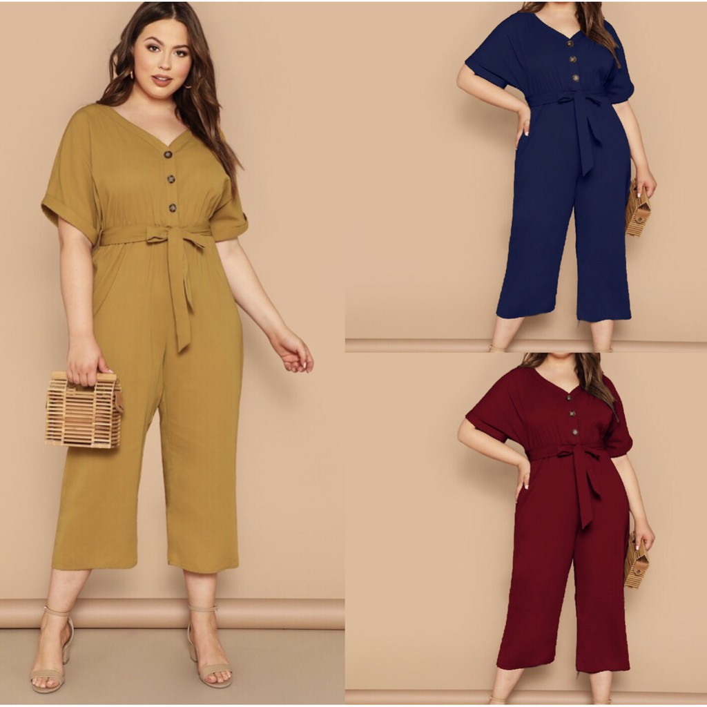 A2395 PLUS CHIC Fold-over Sleeve Button Down Self Belt Plus Size Jumpsuit