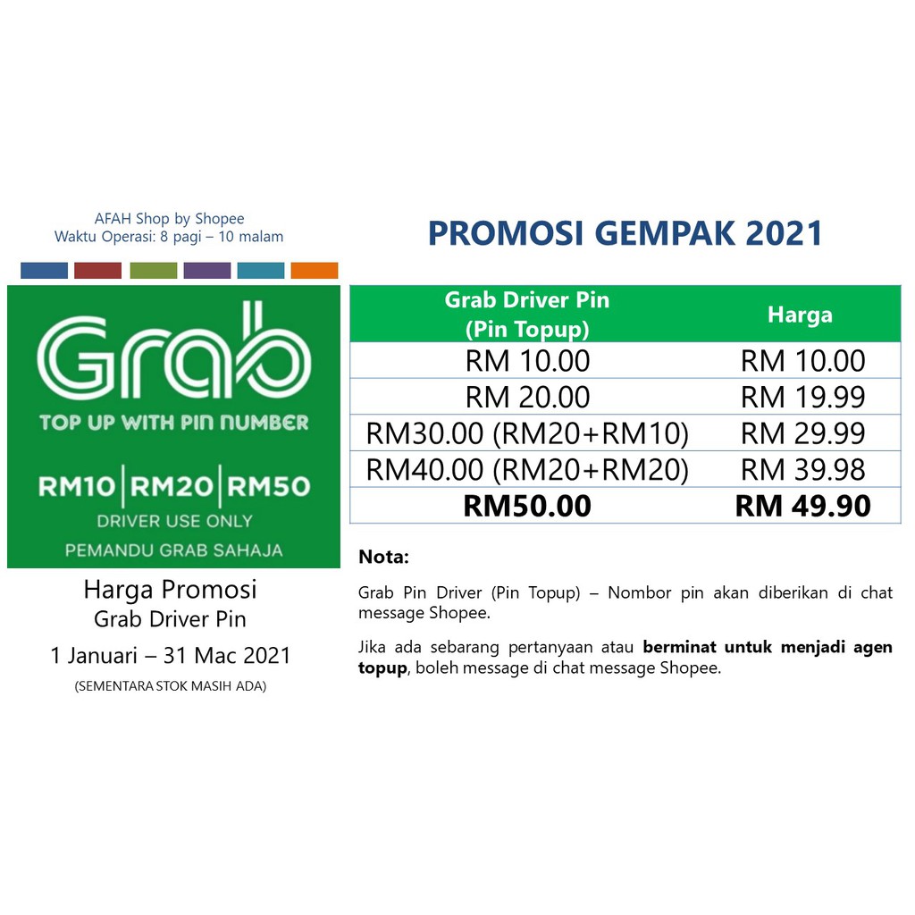 Grabcar Driver Topup With Pin: Harga Promosi RM10-RM50 ...