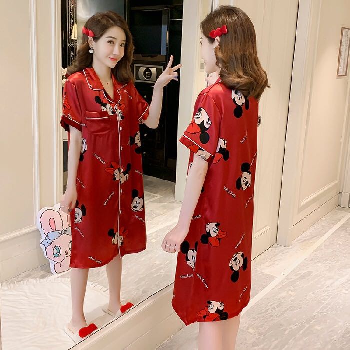 Simulation Silk Fashion Short-sleeved Long Shirt Style Nightdress Home Service