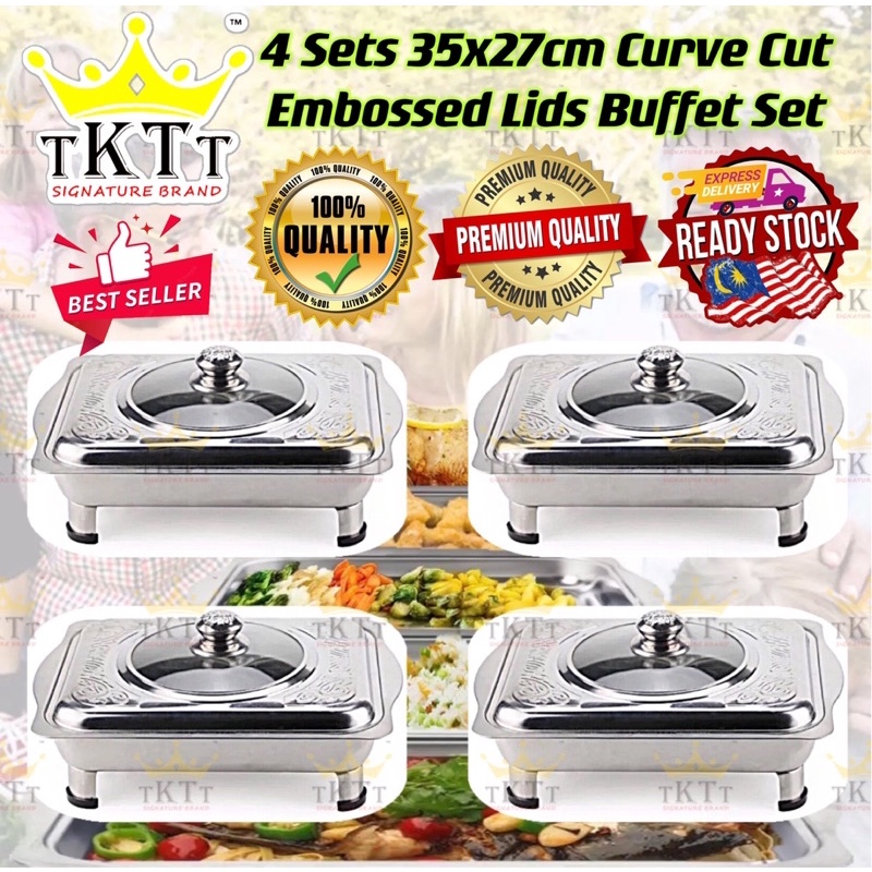 TKTT ™️ 4 Set 35x27 Embossed Lid Stainless Steel Buffet Set Catering Serving Tray Food Pan Bekas Lauk Katering Serbaguna