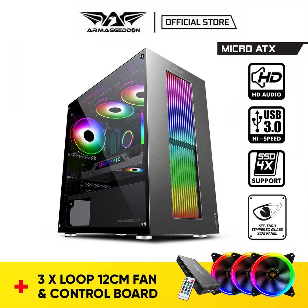 Armaggeddon Tron VII ATX Gaming PC Case with Tempered Glass Side Panel Design | Bundle RGB PC Cooling Fan + Controller