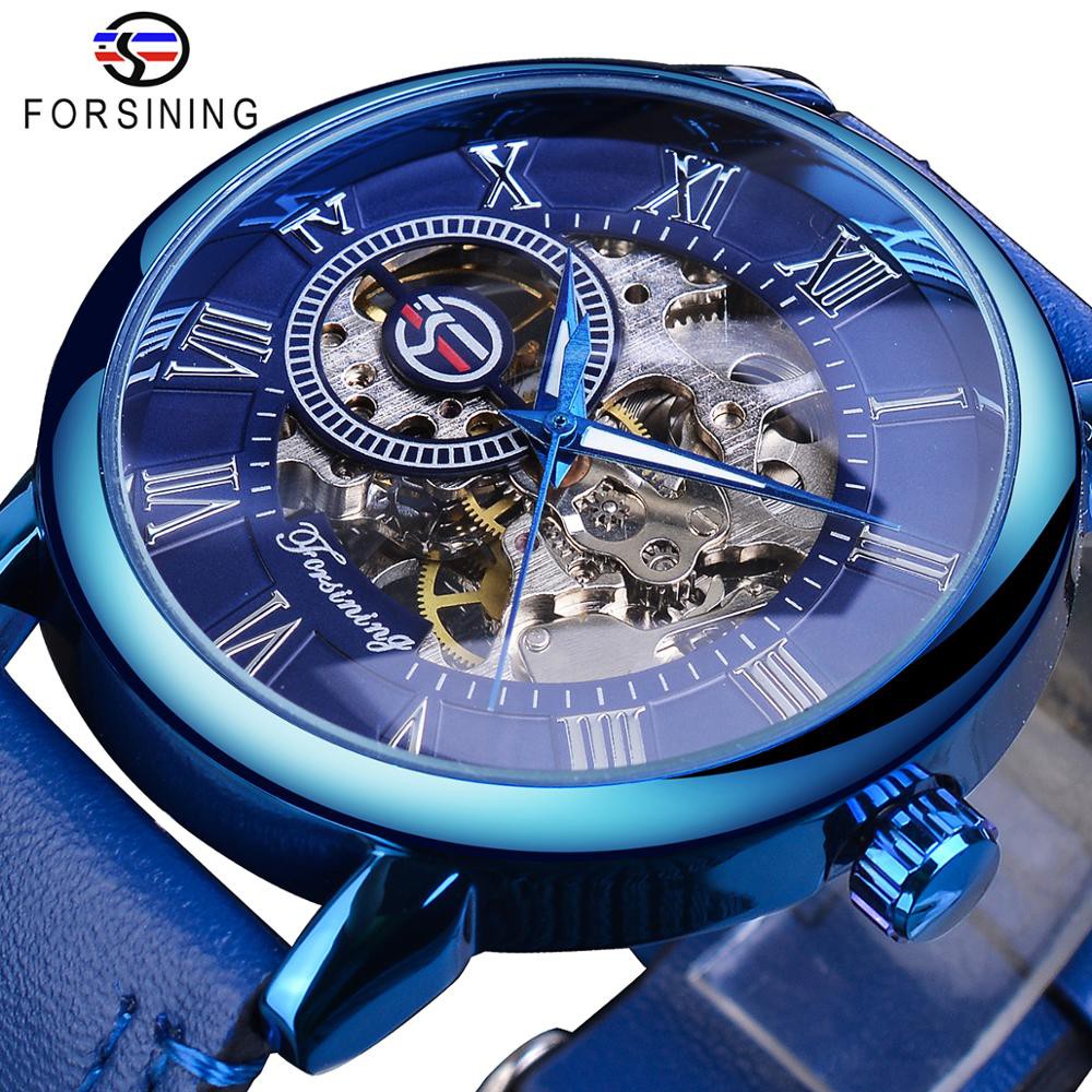 Forsining Full Blue Watches Men Skeleton Mechanical Watch Hand Wind