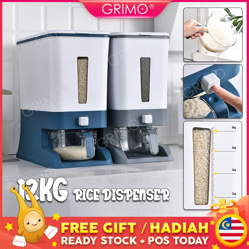 READY STOCK💝GRIMO 12KG PRO Automatic Rice Dispenser with Rinsing Cup Bekas Beras Viral Warna Baru hl11493