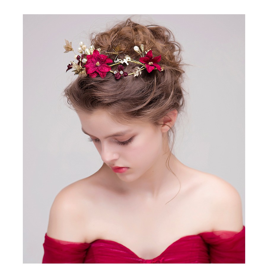 Korean Bride Headdress Red Flower Wedding Hair Accessories Toast