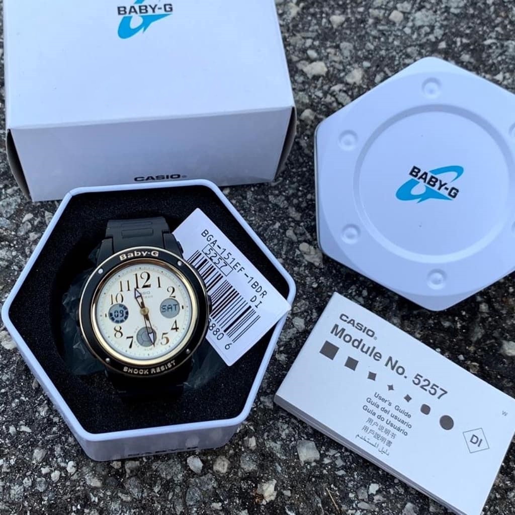Official Warranty Casio Baby G Bga 151ef 1b Analog Digital Creamy Dial Gold Plated Bezel Black Resin Watch Bga151ef Shopee Malaysia