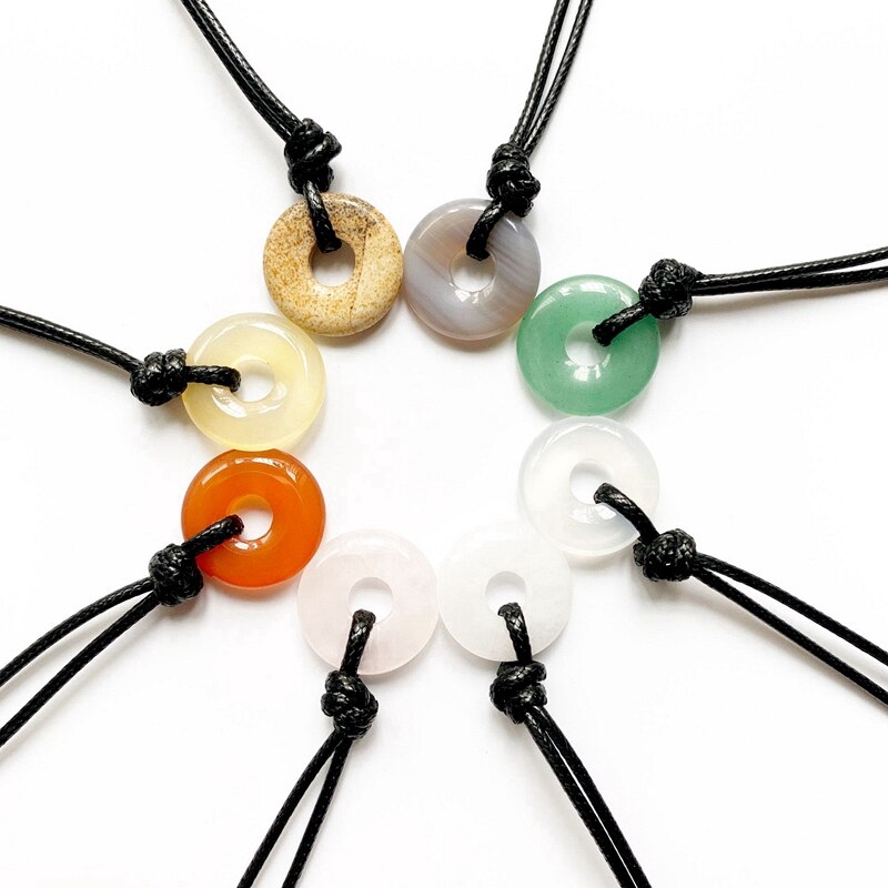 Natural Stones Jewelry Round Crystal Pendant Circle Stone Lucky Necklace Black Wax Rope Chain Handmade Neck Jewelry 1pc